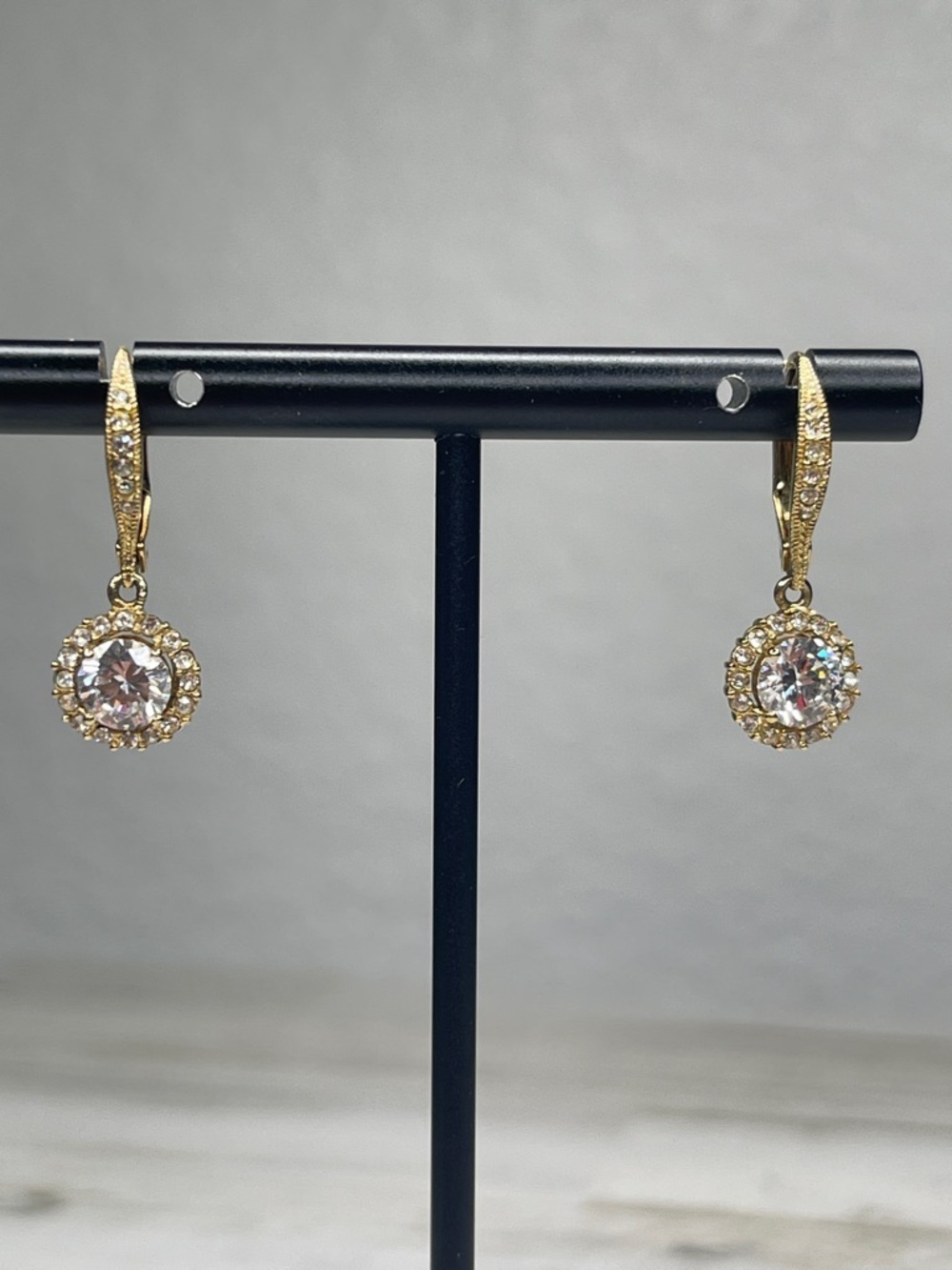 Nadri Framed Round CZ Halo Drop Earrings Gold Leverback
